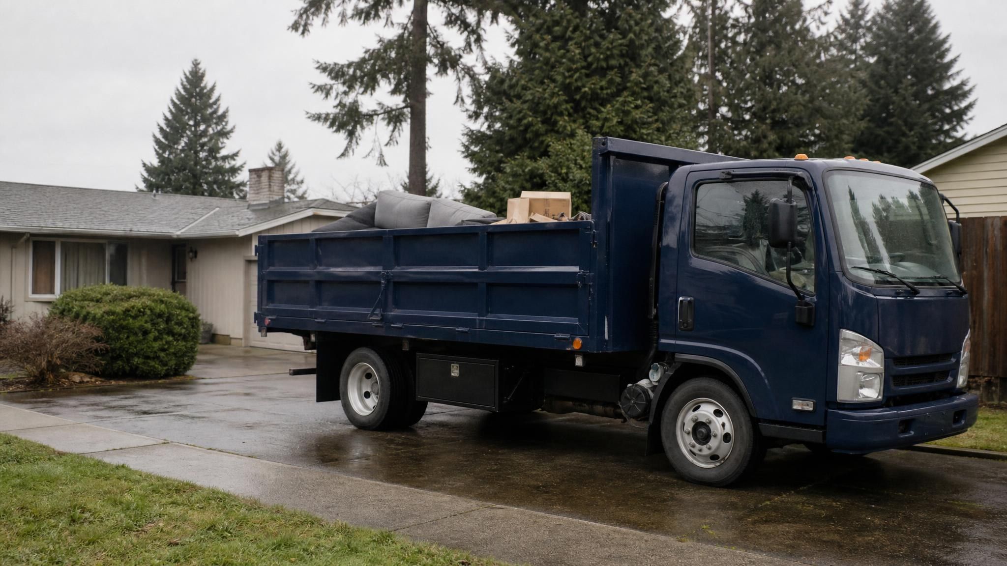 Navy Anker Junk stake-bed truck, part loaded with a couch and boxes, in a wet driveway under Douglas firs
